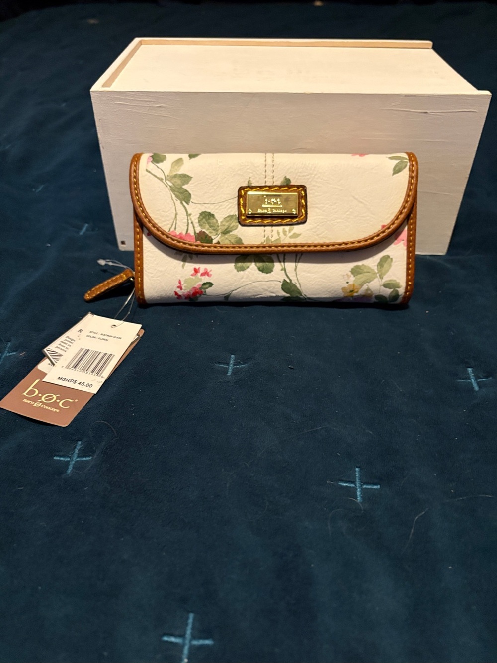 b.o.c. Floral Print Wallet in White with Brown Trim and Gold Plaque